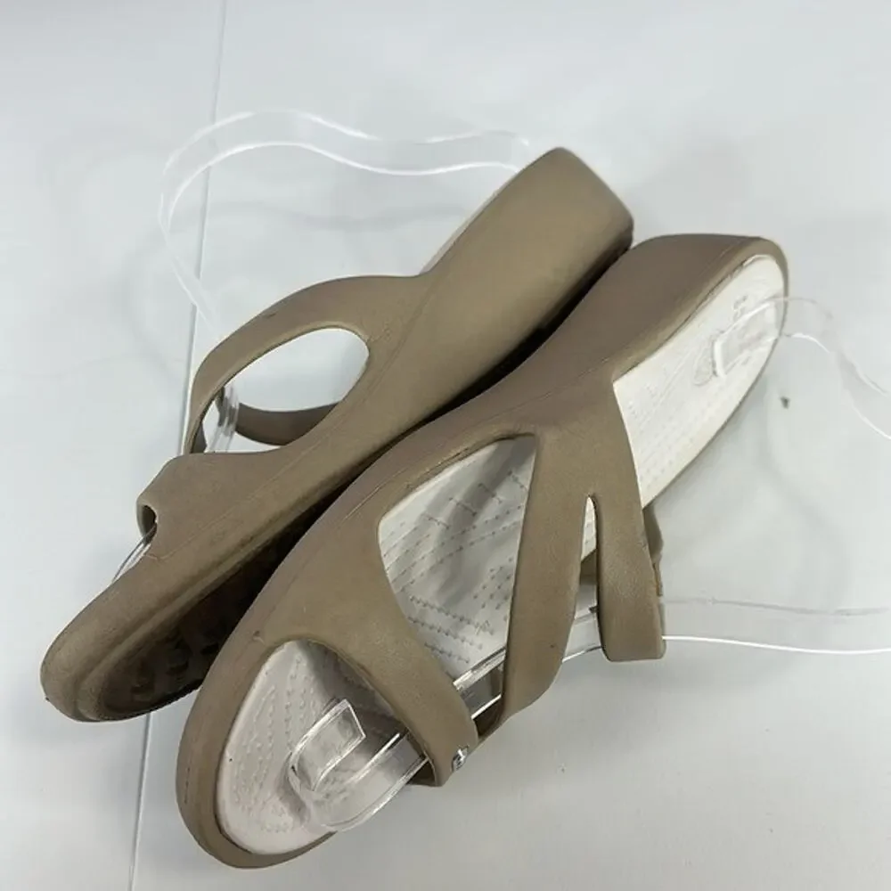 Crocs Wedge Sandal Womens‎ 10 Tan Slip on Open Toe Comfort Casual Light Weight